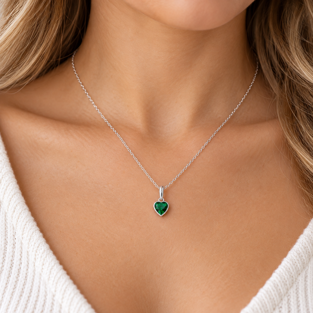 Heart Birthstone Necklace in sterling silver worn by model