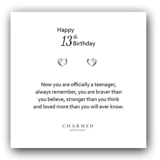 13th Birthday Gift, CZ Heart Stud Earrings Sterling Silver 925, Personalised Jewellery Gift