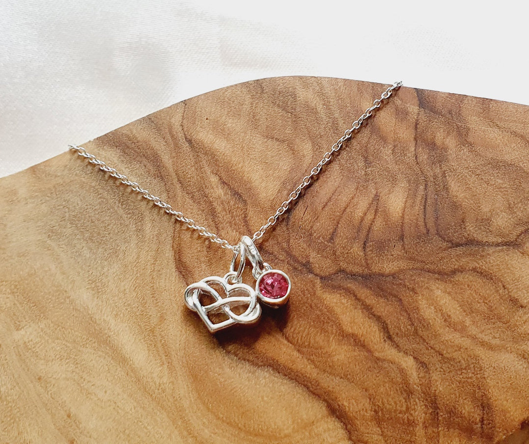 Maid of Honour Infinity Heart Necklace with Birthstone in Sterling Silver 925, Personalised Gift