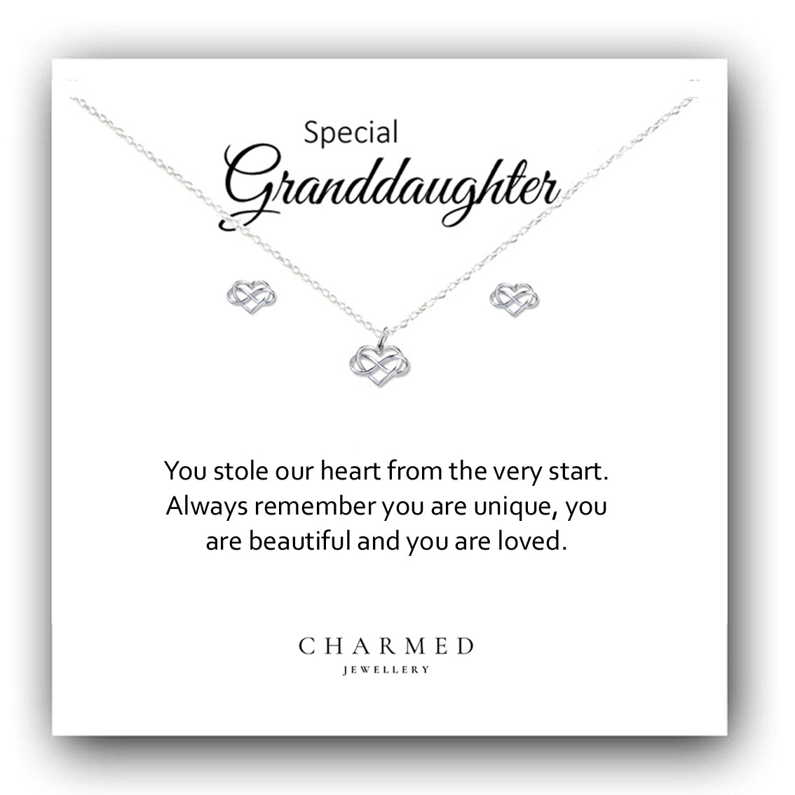 Granddaughter Infinity Heart Necklace & Earrings Set in Sterling Silver 925, Personalised Jewellery Gift