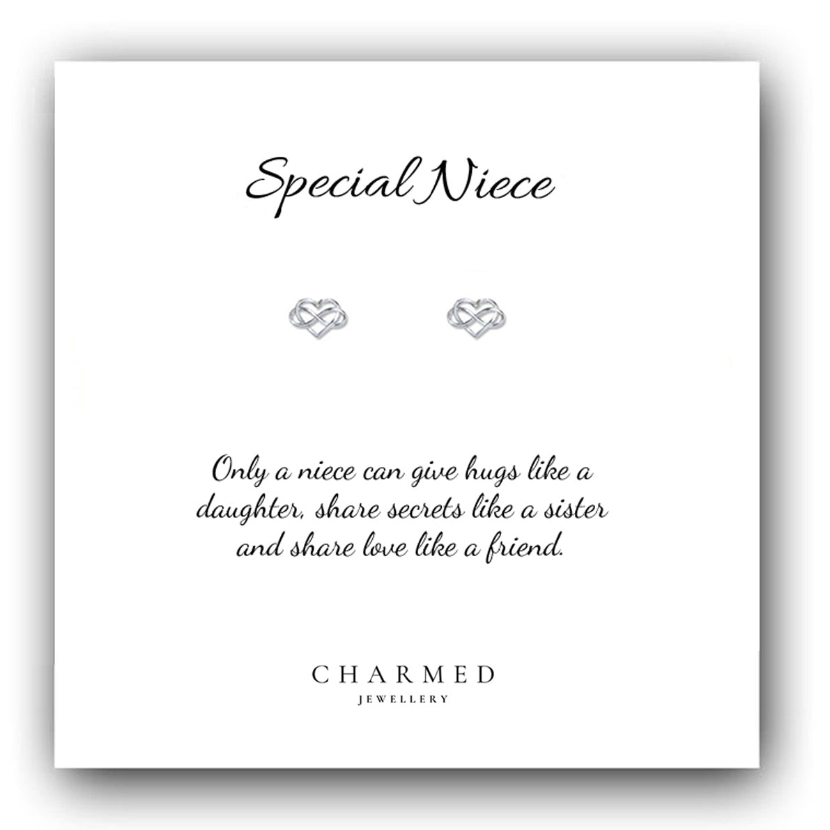 Niece Gift, Infinity Heart Stud Earrings Sterling Silver 925, Personalised Jewellery Gift