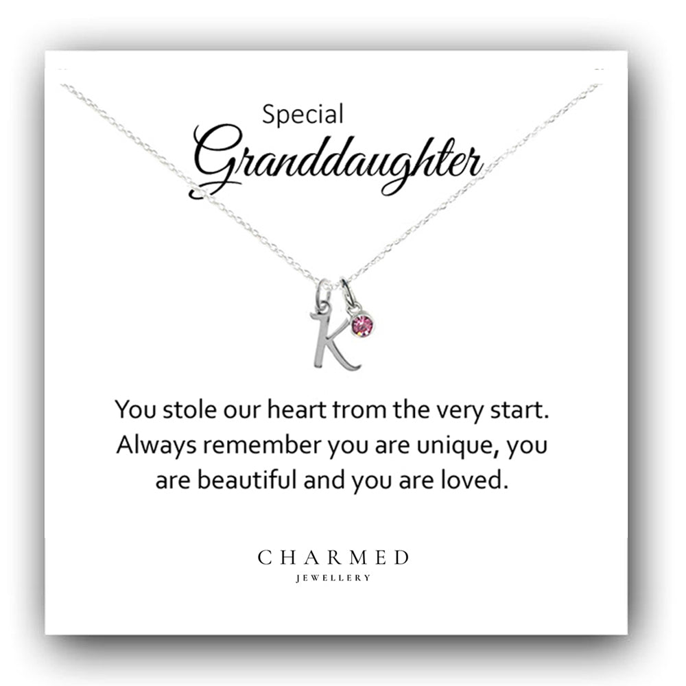 Granddaughter Gift, Initial Letter Necklace with Birthstone in Sterling Silver 925, Personalised Gift