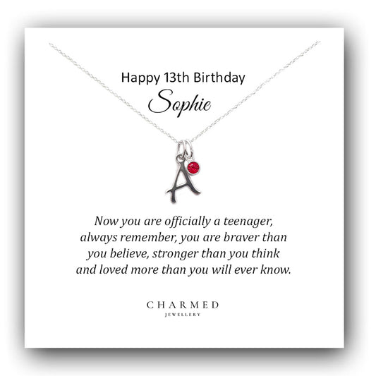 13th Birthday Initial Necklace with Birthstone in Sterling Silver 925 - Personalised Jewellery Gift