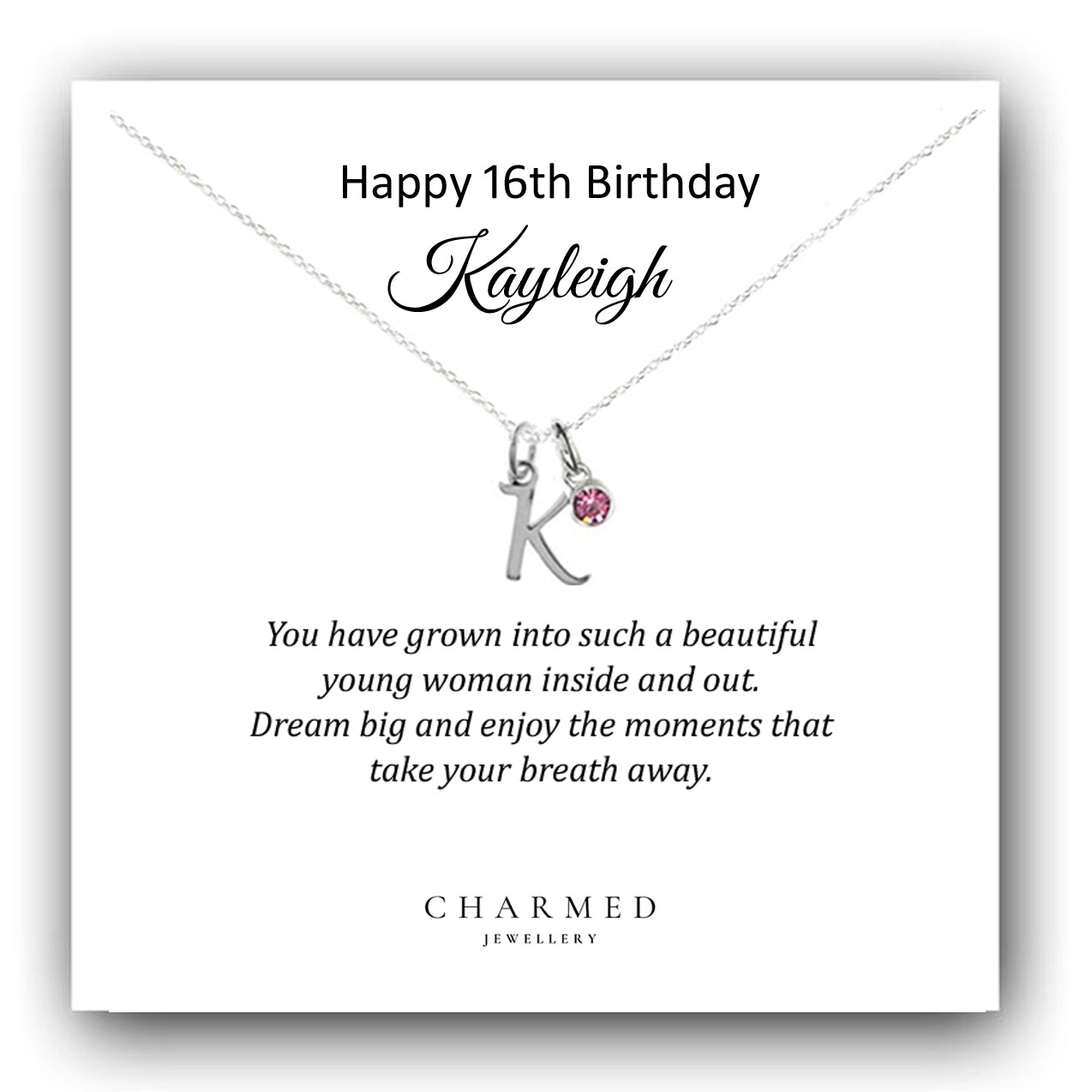 Sweet 16 Initial Necklace with Birthstone in Sterling Silver 925, Personalised Jewellery Gift
