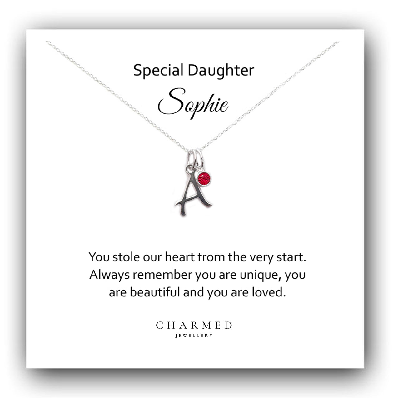 Daughter Initial Necklace with Birthstone in Sterling Silver 925, Personalised Jewellery Gift