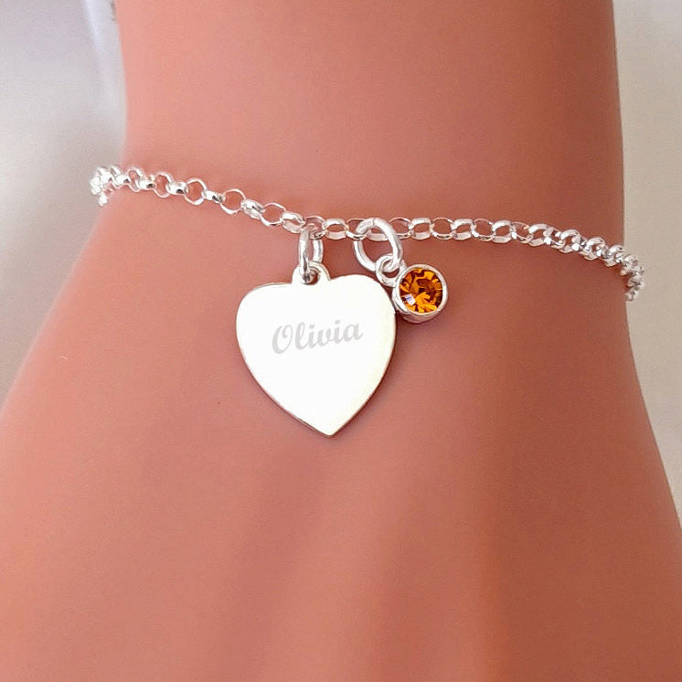 13th Birthday Gift, Engraved Heart Birthstone Bracelet 925 Sterling Silver, Personalised Jewellery Gift