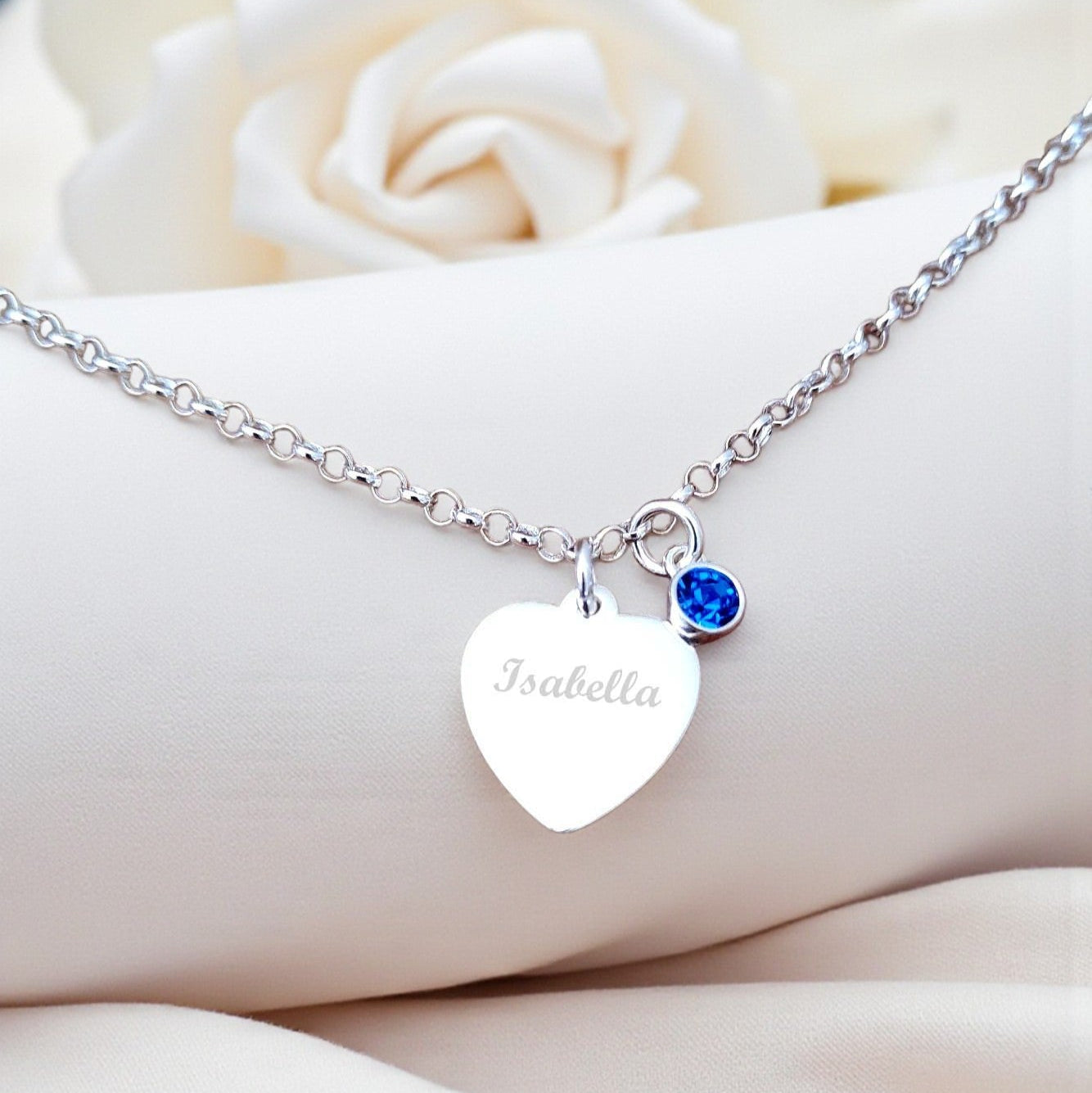 Engraved Heart Name Birthstone Bracelet in Sterling Silver 925 | Personalised Jewellery Gift
