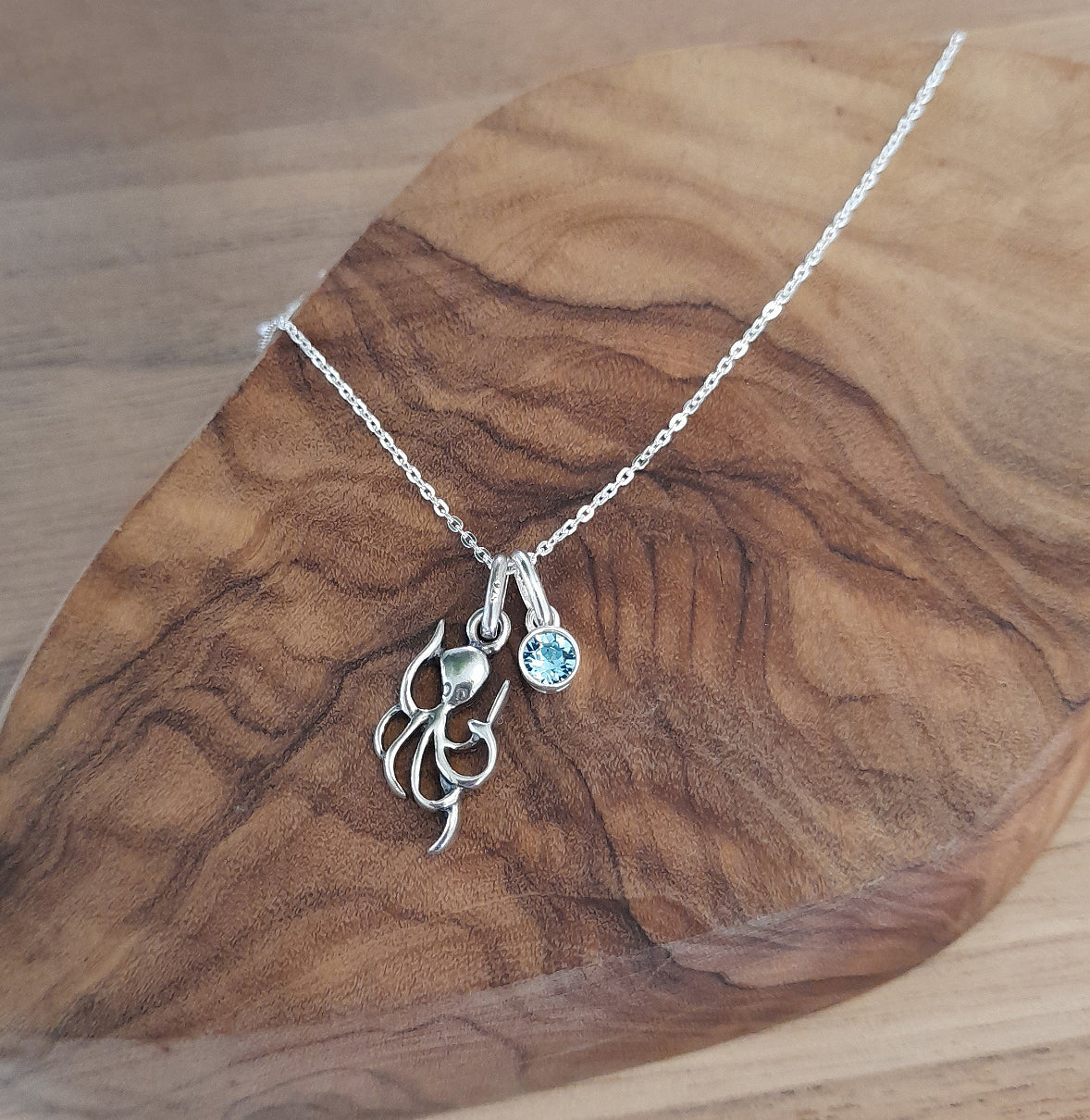 Octopus Birthstone Necklace Sterling Silver 925, Personalised Jewellery