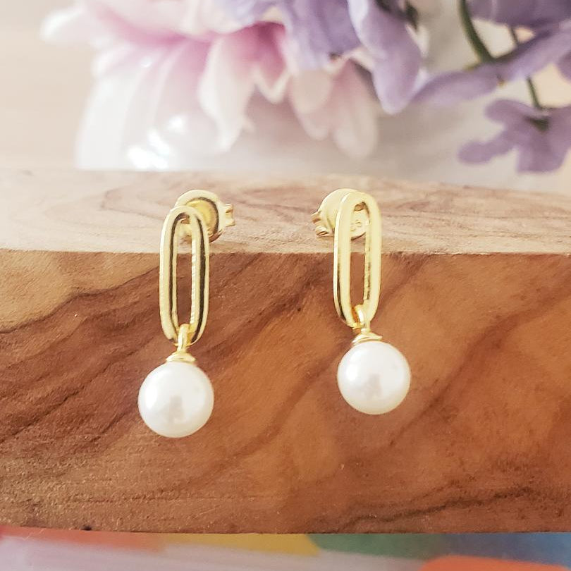 Gold Paperclip with Pearl Stud Drop Earrings 925 14ct Gold Plated Sterling Silver, Gifts for Her, Christmas Gift, Birthday Gift, Gift for Women