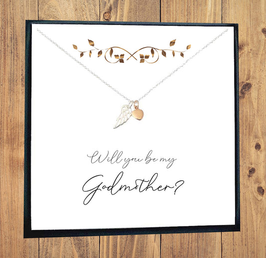 Godmother Angel Wing Necklace with Rose Gold Heart in Sterling Silver 925, Personalised Gift