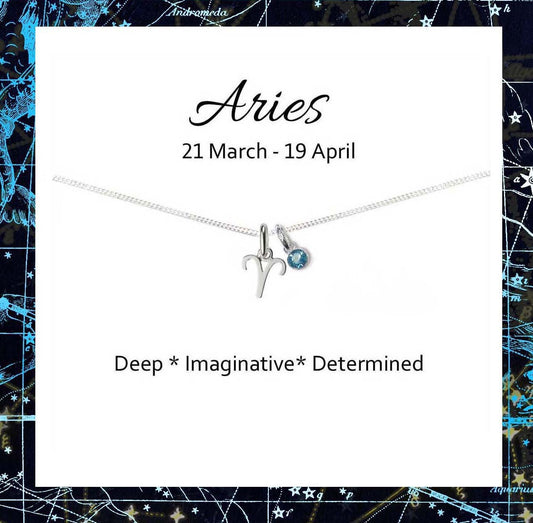 Aries Zodiac Necklace with Birthstone in Sterling Silver 925, Personalised Gift