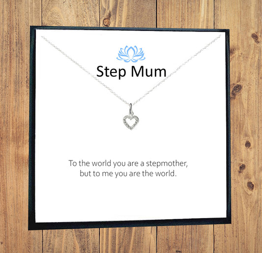 Step Mum Gift, CZ Heart Necklace 925 Sterling Silver, Personalised Necklace, Message Jewellery