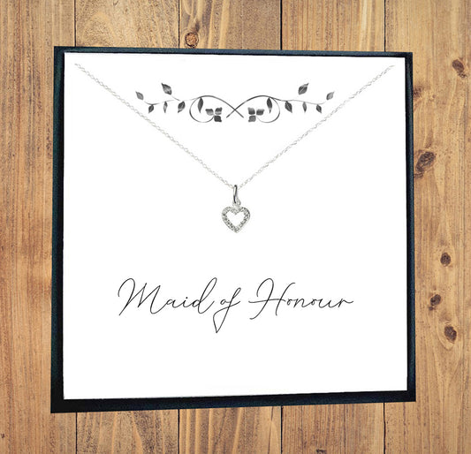 Maid of Honour CZ Heart Necklace in Sterling Silver 925, Personalised Gift