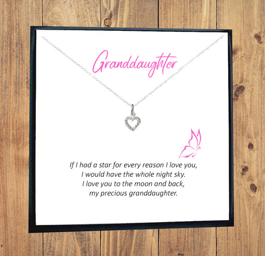 Granddaughter Heart Necklace with Cubic Zirconia in Sterling Silver 925, Personalised Gift