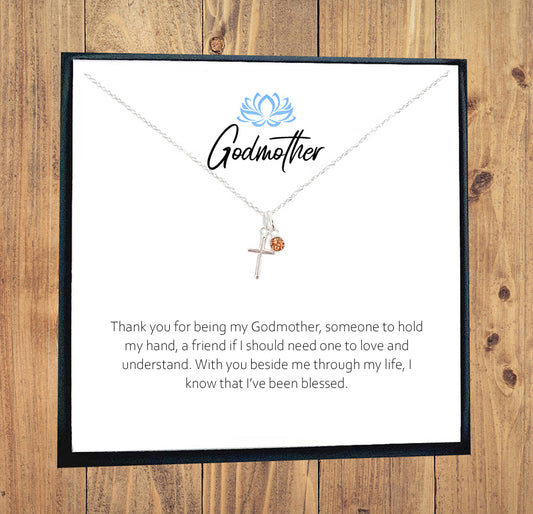 Godmother Cross Necklace with Birthstone in Sterling Silver 925, Personalised Gift