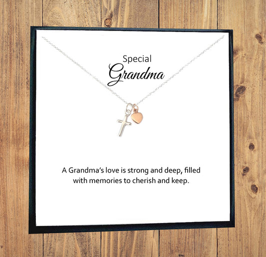 Grandma Cross Necklace with Rose Gold Heart in Sterling Silver 925, Personalised Gift