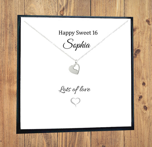 Sweet 16 Cut Out Heart Necklace in Sterling Silver 925, Personalised Gift