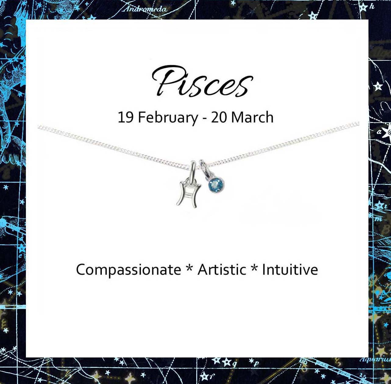 Pisces Zodiac Necklace with Birthstone in Sterling Silver 925, Personalised Jewellery Gift