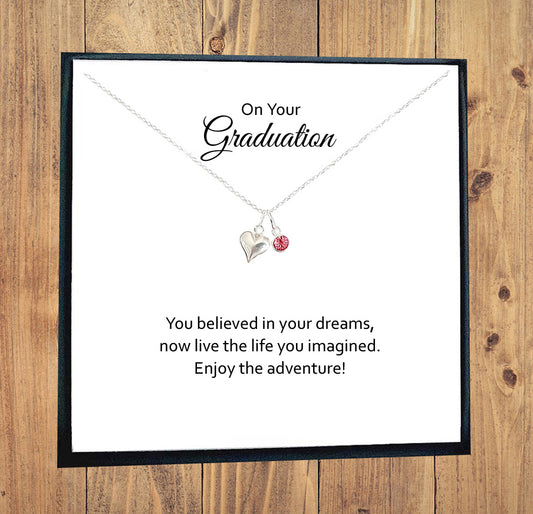 Graduation Puffy Heart Necklace with Birthstone in Sterling Silver 925, Personalised Gift