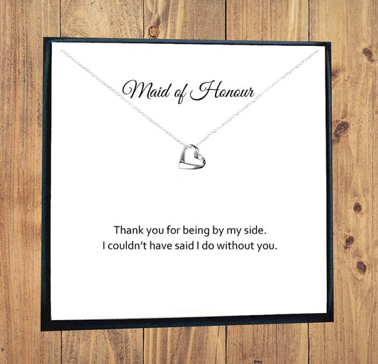 Maid of Honour Ribbon Heart Necklace in Sterling Silver 925, Personalised Gift