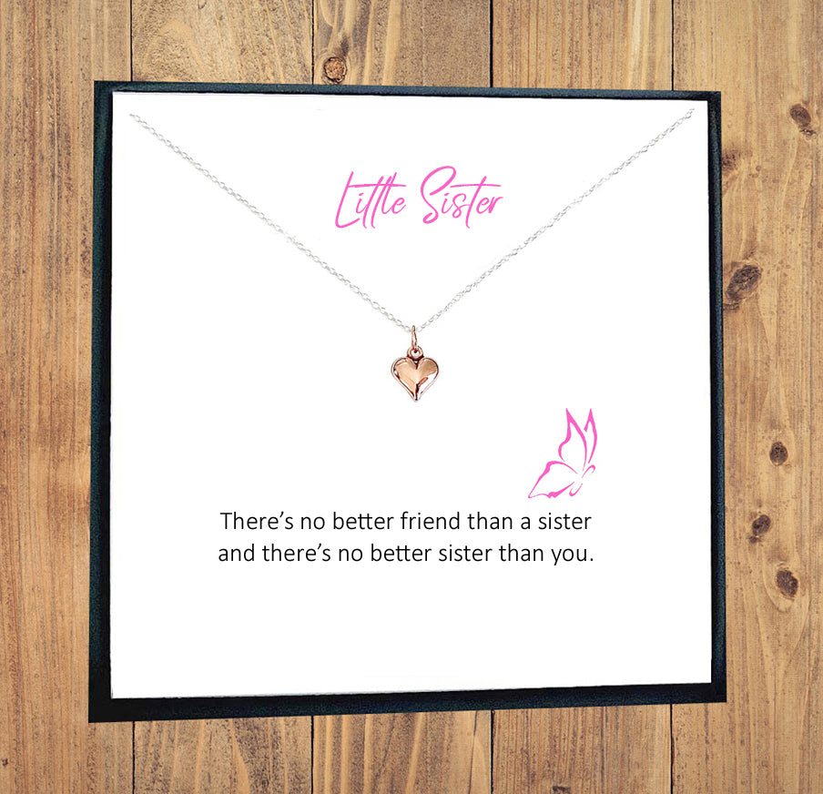 Little Sister Rose Gold Puffy Heart Necklace in Sterling Silver 925, Personalised Gift