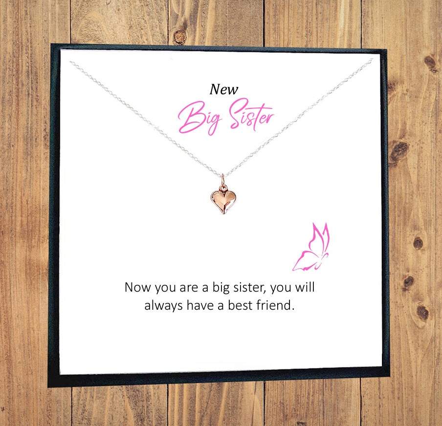 New Big Sister Rose Gold Puffy Heart Necklace in Sterling Silver 925, Personalised Gift
