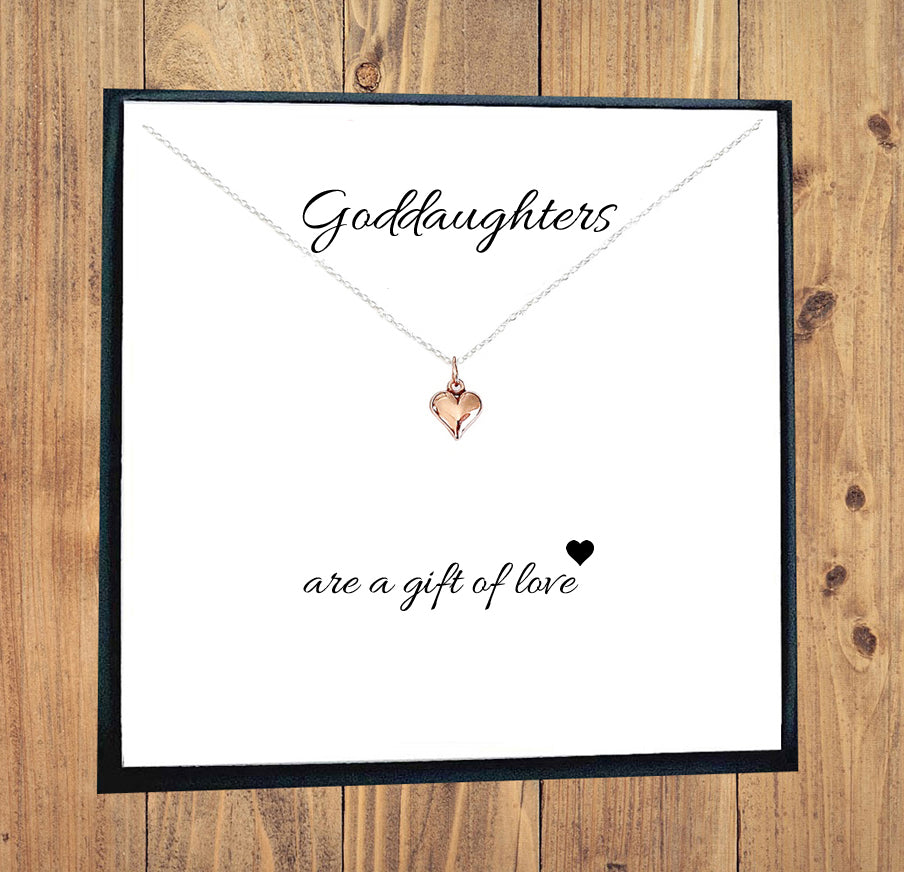 Goddaughter Rose Gold Puffy Heart Necklace in Sterling Silver 925, Personalised Gift