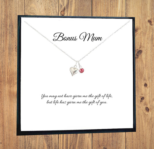 Bonus Mum Puffy Heart Necklace with Birthstone in Sterling Silver 925, Personalised Gift
