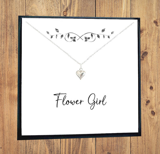 Flower Girl Puffy Heart Necklace in Sterling Silver 925, Personalised Gift