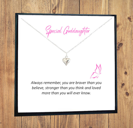 Goddaughter Puffy Heart Necklace in Sterling Silver 925, Personalised Gift