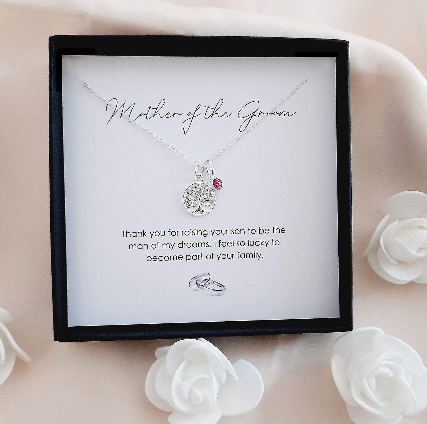 Mother of the Groom Tree of Life Necklace with Crystal Birthstone in Sterling Silver 925, Personalised Jewellery Gift