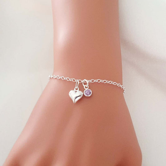Silver Puffy Heart Bracelet with Crystal Birthstone Sterling Silver 925 Personalised Jewellery