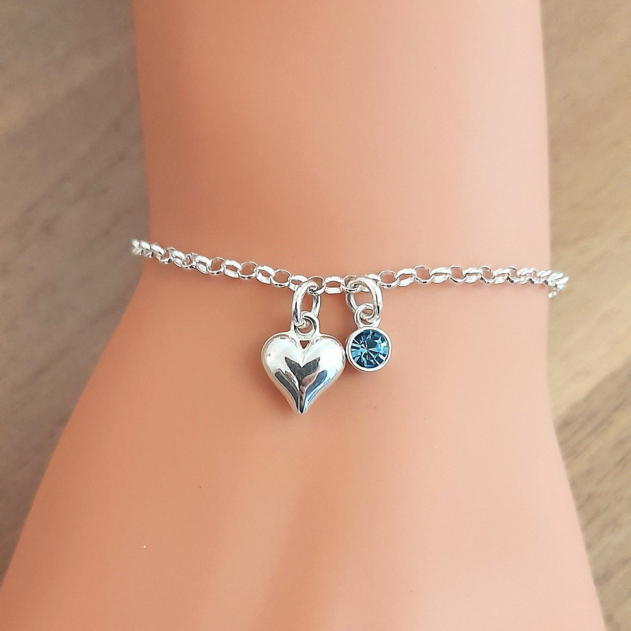 Graduation Gift, Puffy Heart Bracelet with Birthstone in Sterling Silver 925, Personalised Jewellery Gift