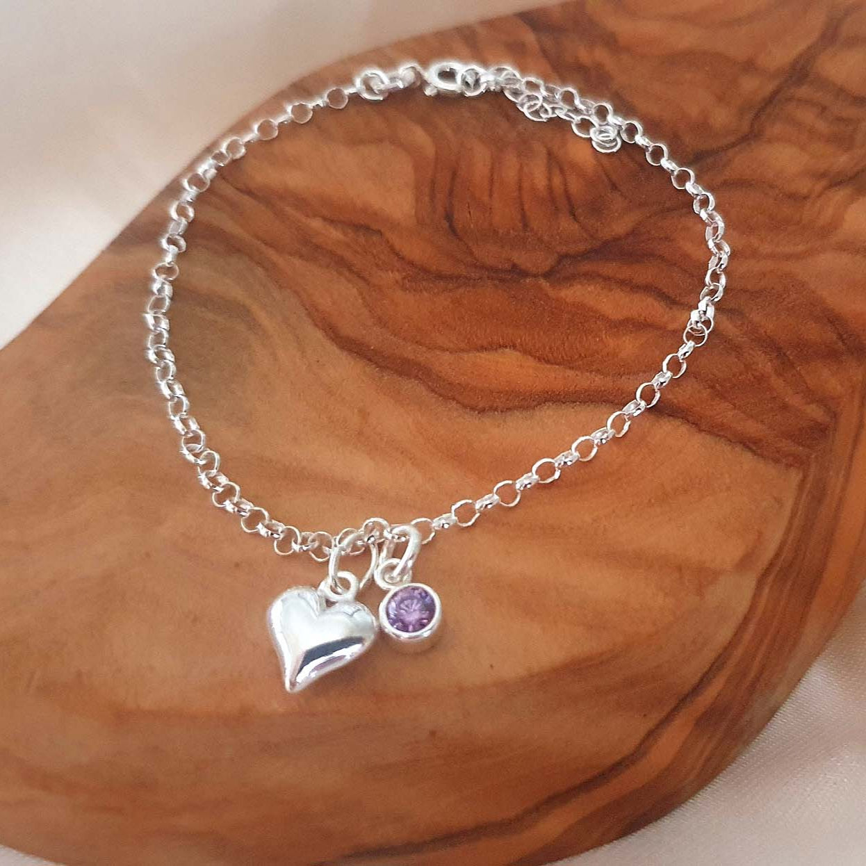 Graduation Gift, Puffy Heart Bracelet with Birthstone in Sterling Silver 925, Personalised Jewellery Gift