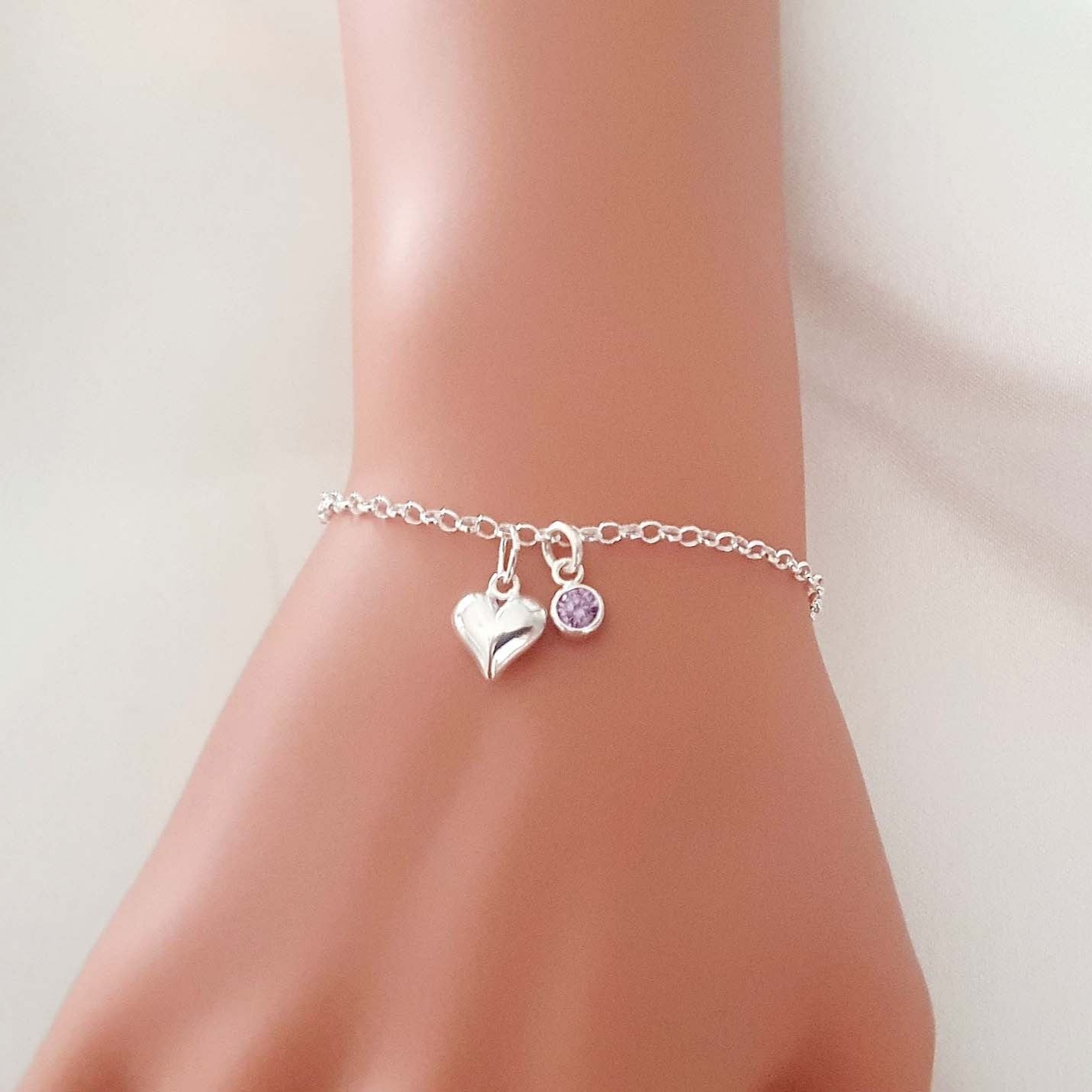 Graduation Gift, Puffy Heart Bracelet with Birthstone in Sterling Silver 925, Personalised Jewellery Gift