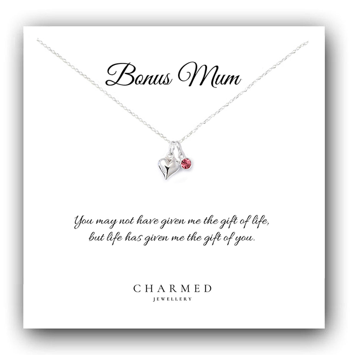 Bonus Mum Heart Necklace with Birthstone | Sterling Silver 925 | Personalised Jewellery Gift