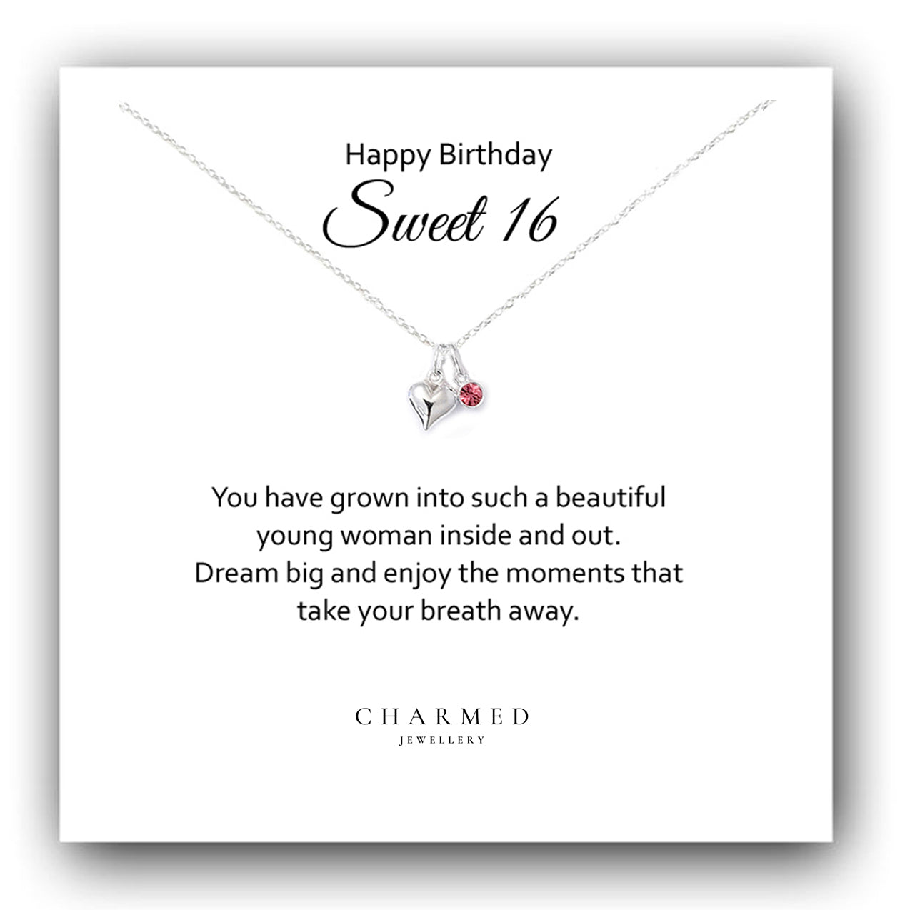 Sweet 16 Puffy Heart Necklace with Birthstone in Sterling Silver 925, Personalised Jewellery Gift