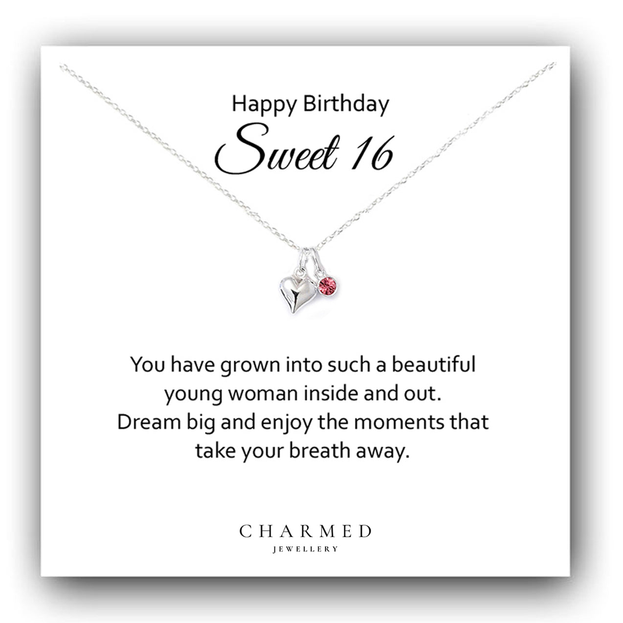 Sweet 16 Heart Necklace with Birthstone | Sterling Silver 925 | Personalised 16th Birthday Gift