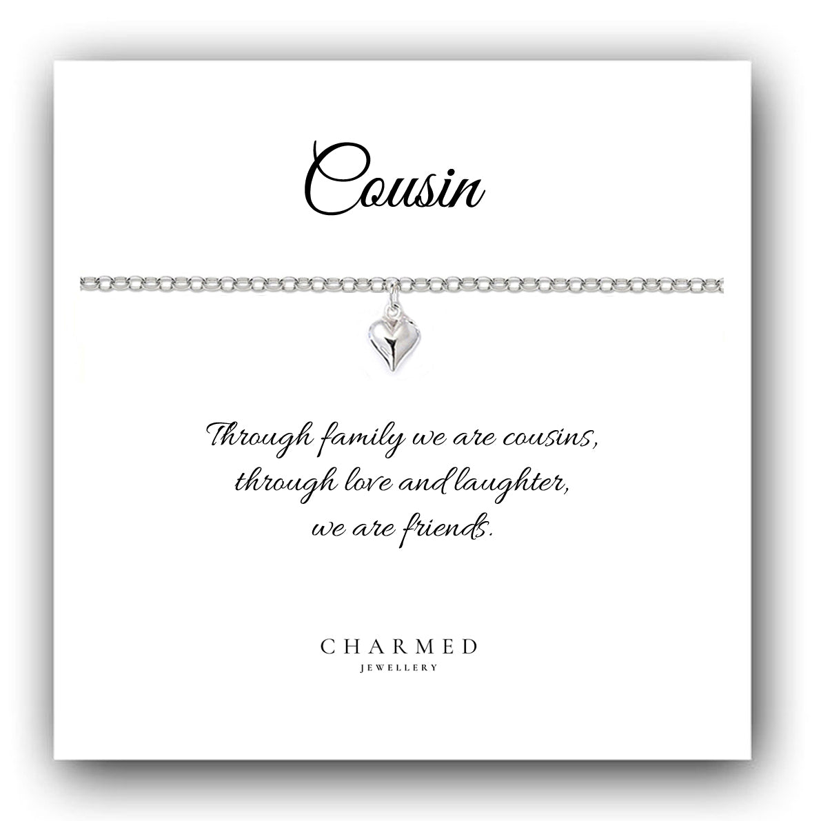 Cousin Puffy Heart Bracelet in Sterling Silver 925, Personalised Jewellery Gift