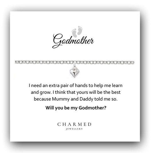 Godmother Puffy Heart Bracelet in Sterling Silver 925, Personalised Jewellery Gift