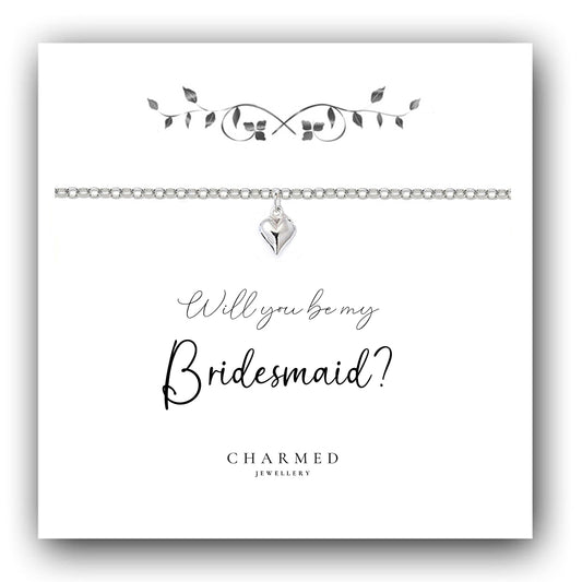 Will You Be My Bridesmaid? Gift, Puffy Heart Bracelet in Sterling Silver 925, Personalised Jewellery Gift