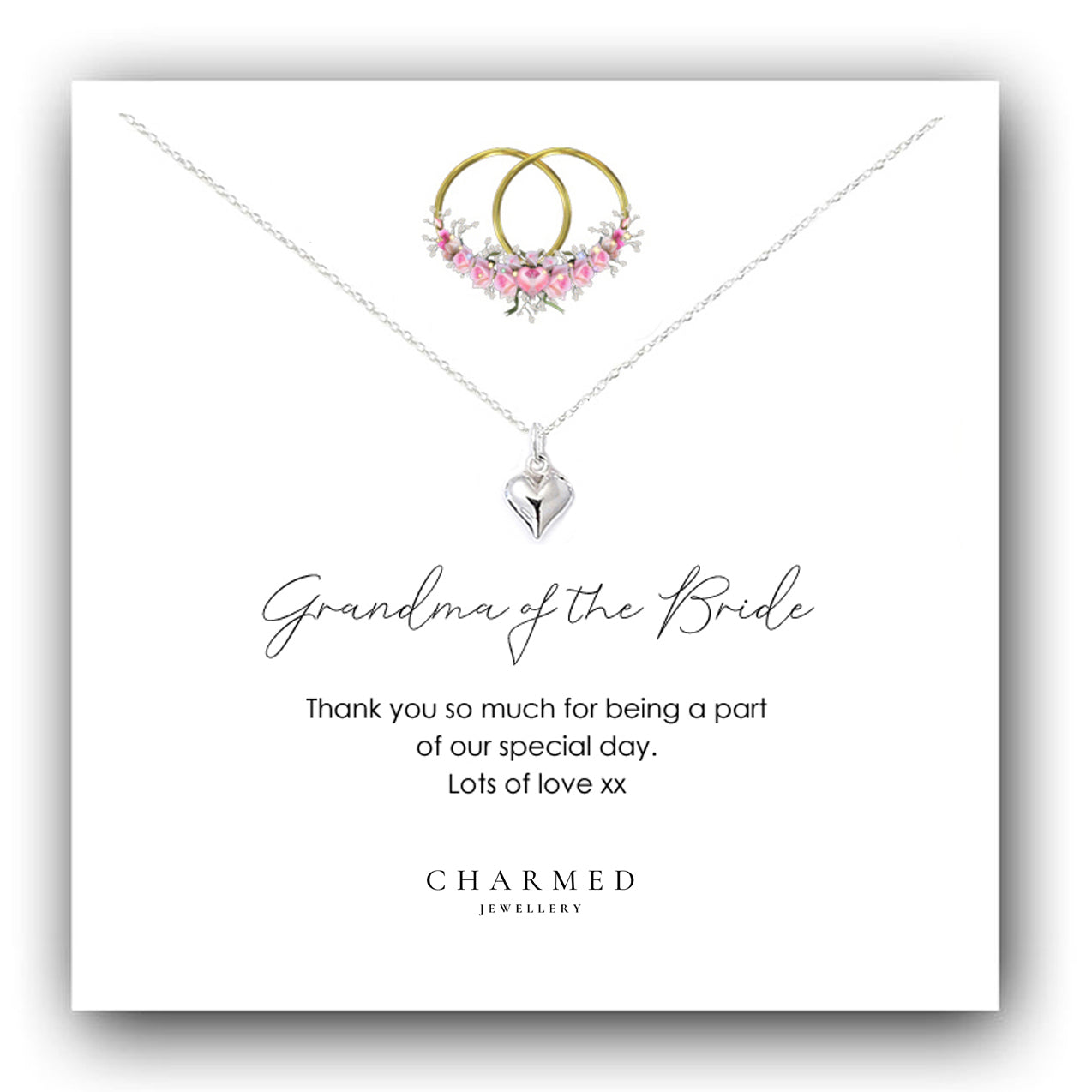 Grandma of the Bride Puffy Heart Necklace in Sterling Silver 925, Personalised Jewellery Gift