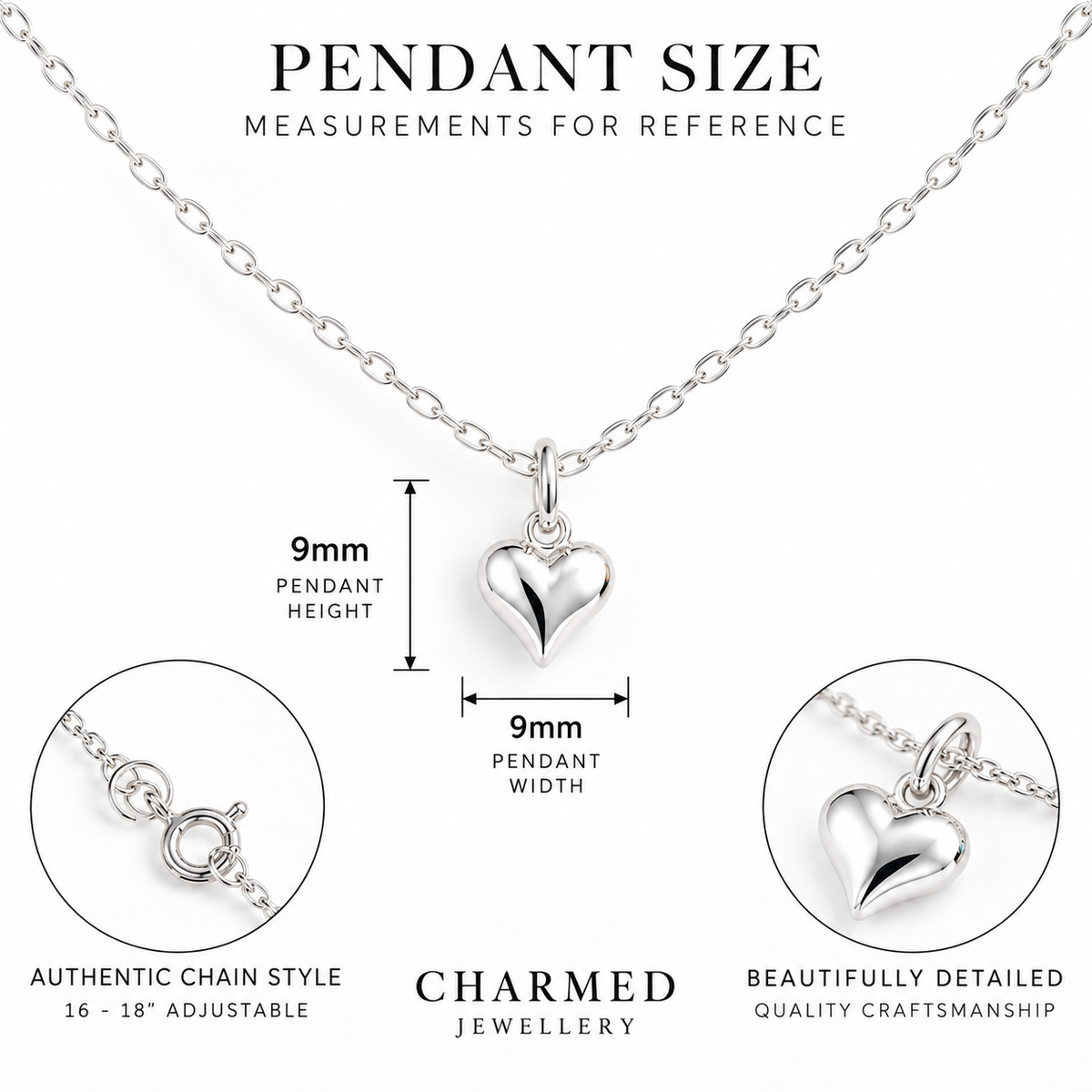 Puffy Heart Necklace in Sterling Silver 925 Measurements