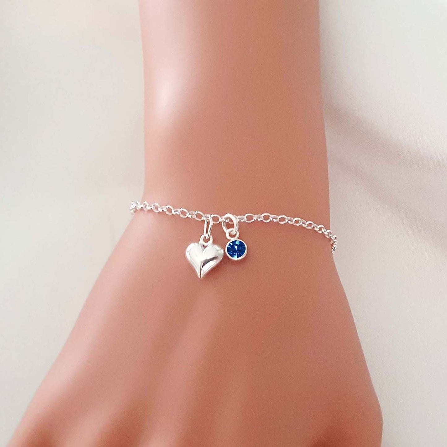 Bridesmaid Puffy Heart Bracelet with Birthstone in Sterling Silver 925, Personalised Jewellery Gift