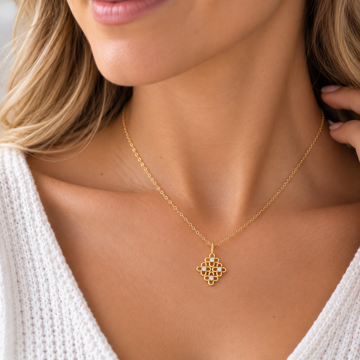 Sterling Silver Gold Plated Quatrefoil Necklace worn by model