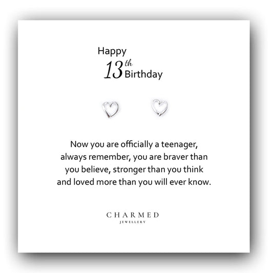 13th Birthday Gift, Heart Stud Earrings Sterling Silver 925, Personalised Jewellery Gift