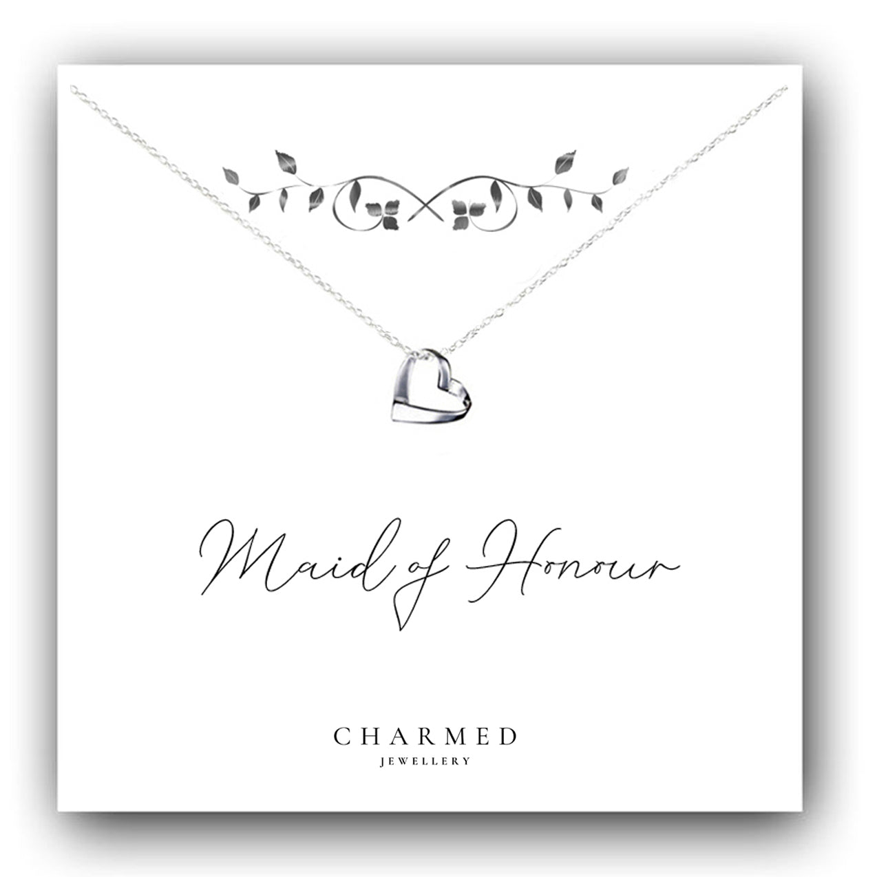 Maid of Honour Gift Ribbon Heart Necklace in Sterling Silver 925