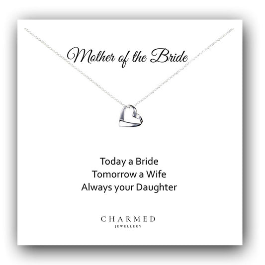 Mother of the Bride Ribbon Heart Necklace in Sterling Silver 925, personalised jewellery gift