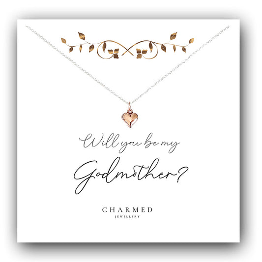 Godmother Gift, Rose Gold Puffy Heart Necklace in Sterling Silver 925, Personalised Jewellery Gift