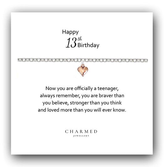 13th Birthday Rose Gold Puffy Heart Bracelet in Sterling Silver 925 - Personalised Jewellery Gift
